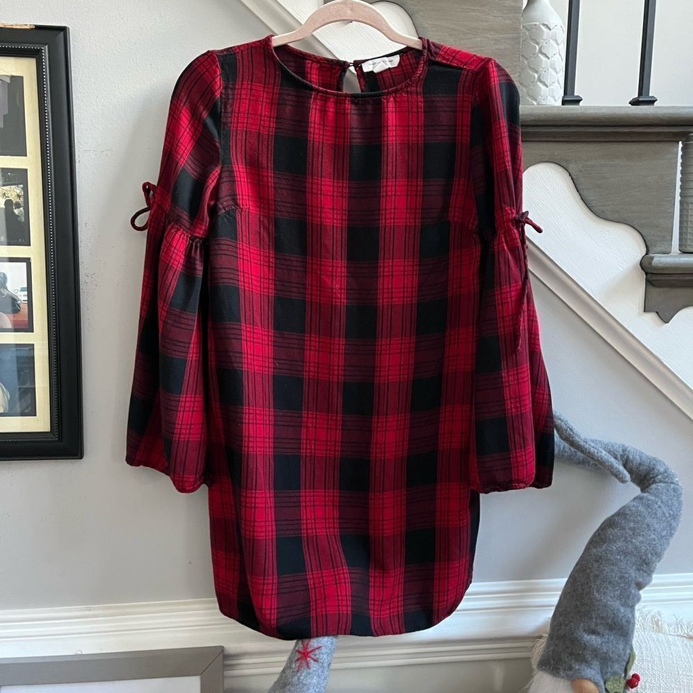 Beach Lunch Lounge Red & Black Buffalo Check Plaid Tie Sleeve Mini Dress sz XS